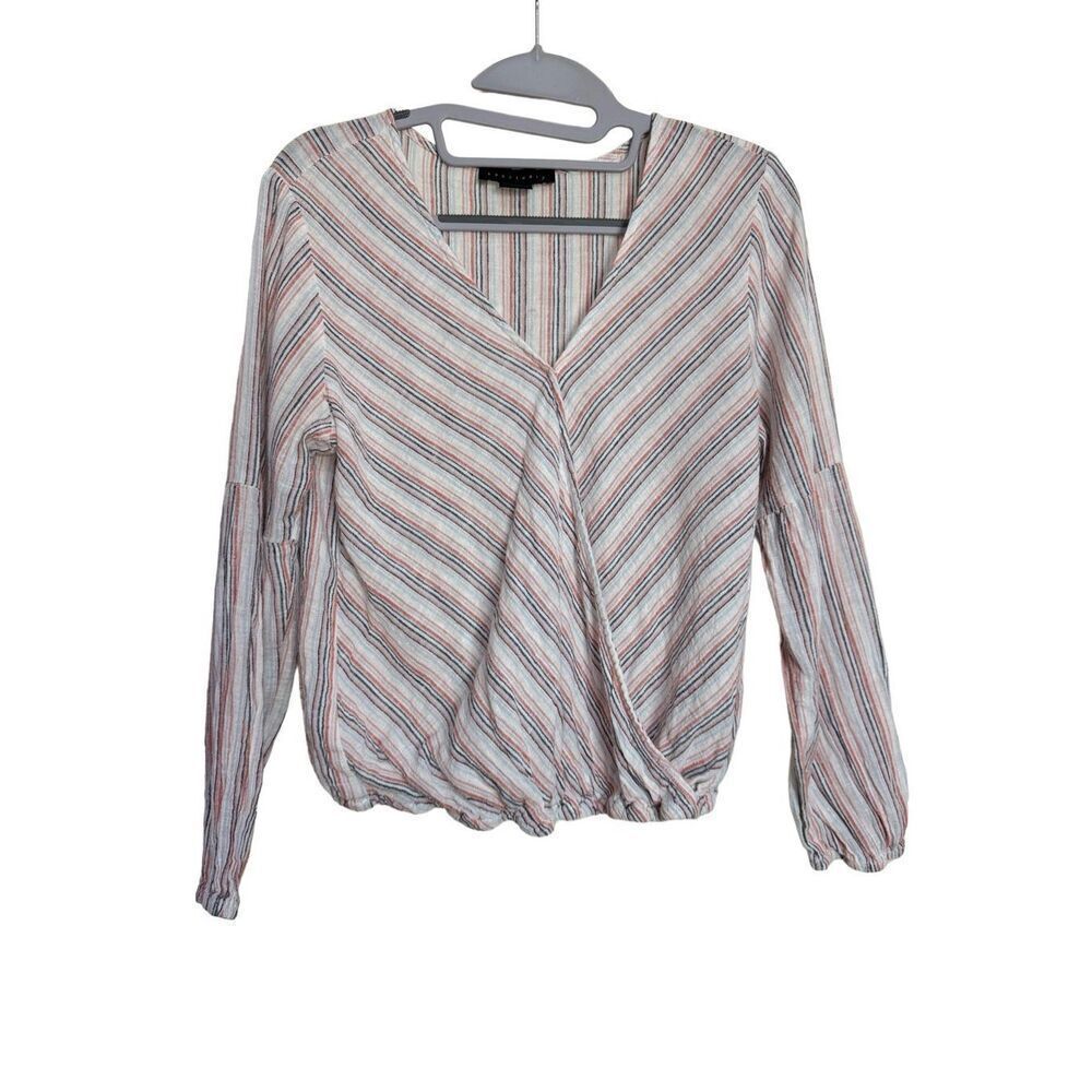 Sanctuary Top Womens Size XS Multicolor Striped Linen Blend Wrap Blouse